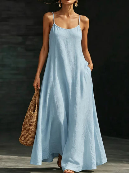 Women’s Casual V-Neck Spaghetti Strap Maxi Dress – Loose Swing Summer Beach Sundress