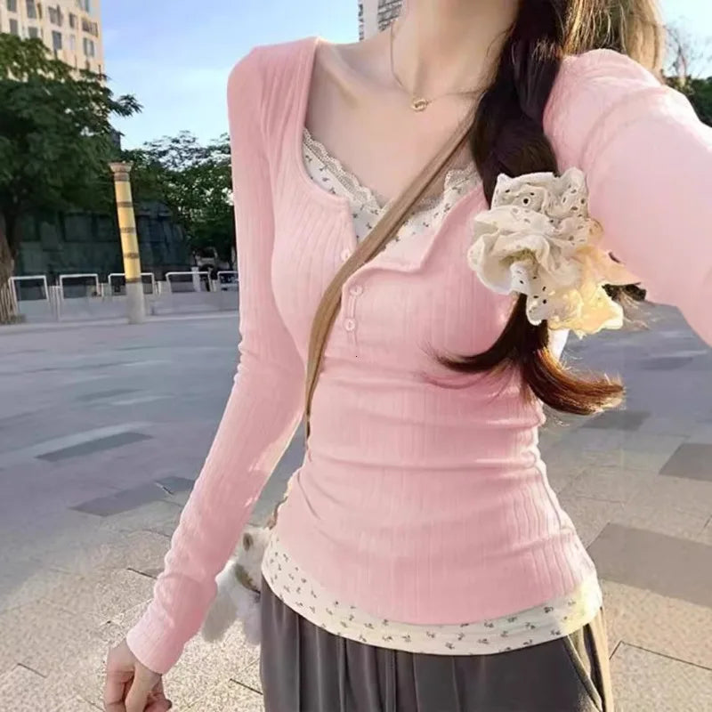 Women's Pink Floral Lace Fake Two-Piece Long Sleeve Top