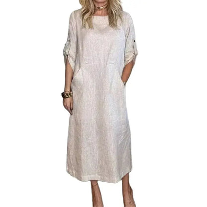 Women's Casual 3/4-Sleeve Cotton Linen Pullover Dress with Pockets