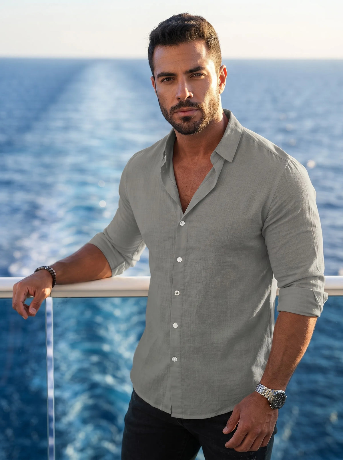 Men's Slim Fit Cotton Casual Long Sleeve Shirt - Lightweight Roll-Up Cuff Button Down