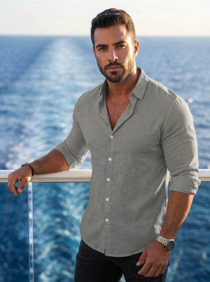 Men's Slim Fit Cotton Casual Long Sleeve Shirt - Lightweight Roll-Up Cuff Button Down