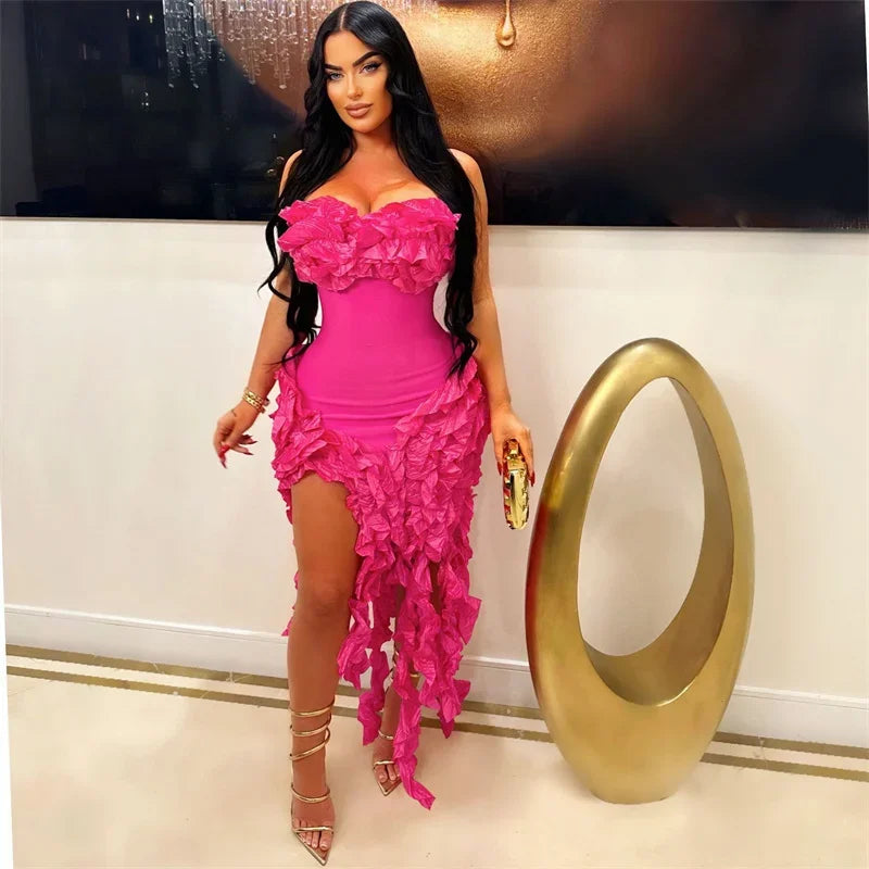 Women's Strapless Ruffle Tassel Irregular Maxi Evening Dress