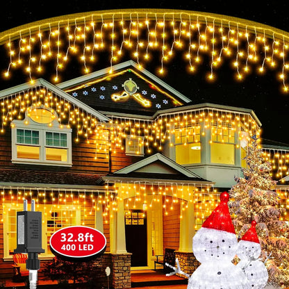 Outdoor Waterproof LED Icicle Curtain Lights - 8 Lighting Modes Christmas & Holiday Solar String Lights