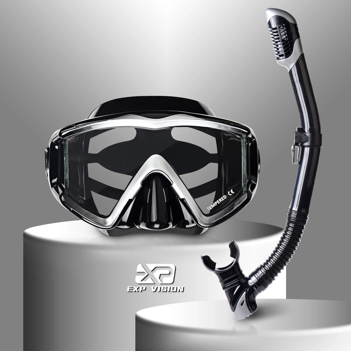 Adult Panoramic 3-Window Tempered Glass Diving & Snorkel Mask Set