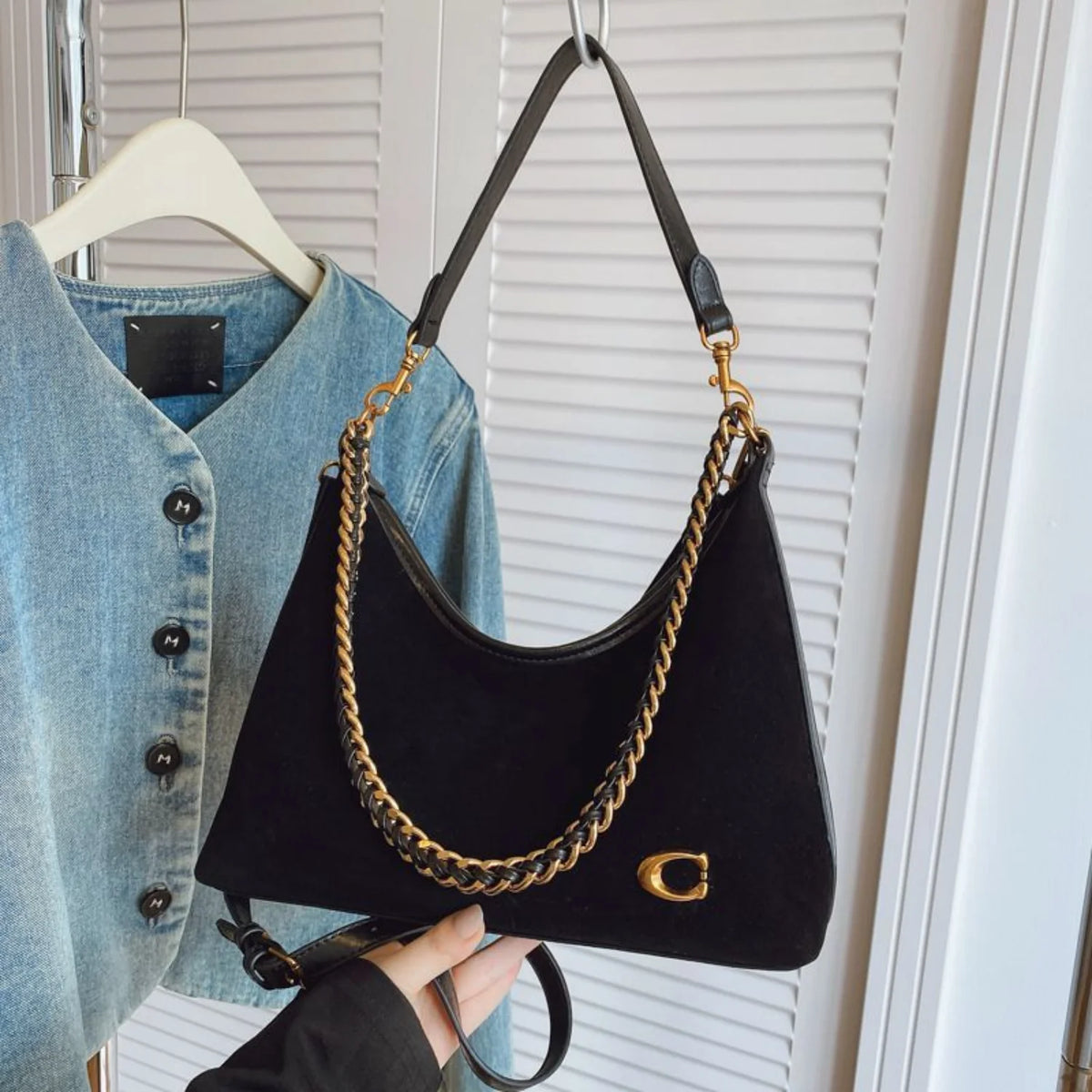 Women's Light Luxury High-End Black Suede Shoulder Crossbody Tote Bag