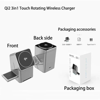 15W 3-in-1 Magnetic Wireless Charging Station with Touch Rotation for iPhone & Samsung