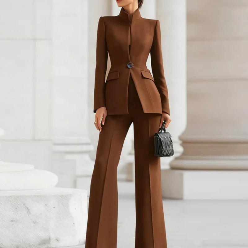 Women's 2-Piece V-Neck Single-Button Blazer & Wide-Leg Pants Suit Set