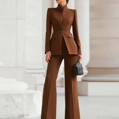 Women's 2-Piece V-Neck Single-Button Blazer & Wide-Leg Pants Suit Set