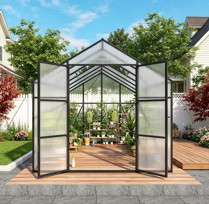 SUSUA 8x12FT Polycarbonate Raised Base and Anchor Aluminum Heavy Duty Greenhouse