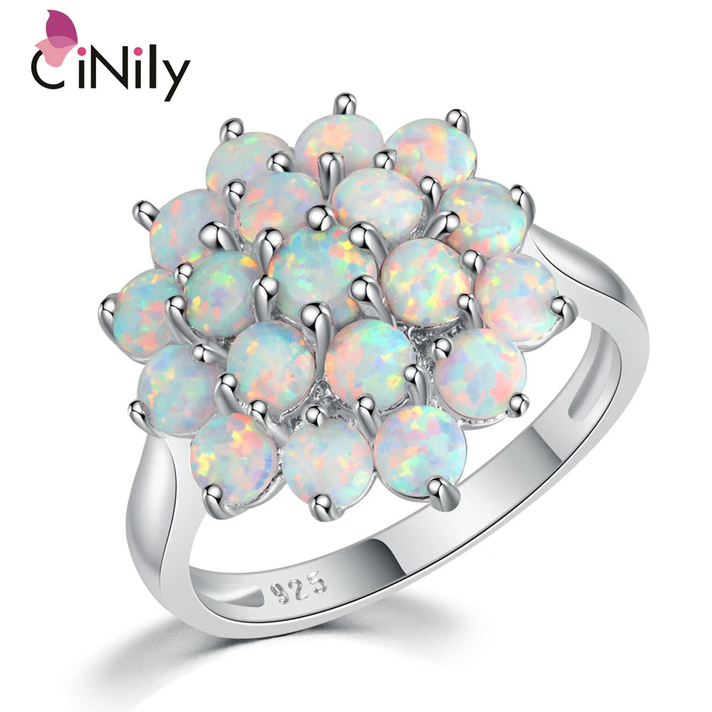 CiNily White Round Fire Opal Rings 925 Sterling Silver