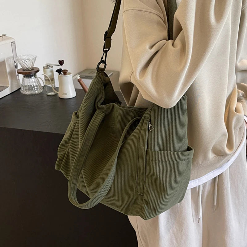 Women Corduroy Multi-Pocket Shoulder Tote & Crossbody Sling Bag