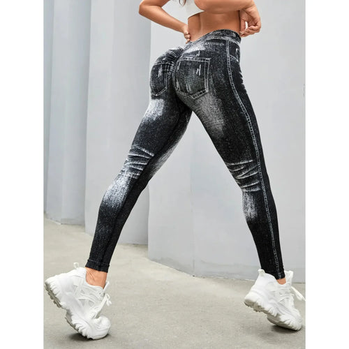 Printed High Waist Seamless Perforated Fake Pocket Leggings