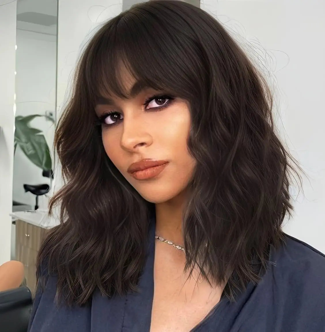 Women’s Natural Brown Short Wavy Bob Wig with Bangs