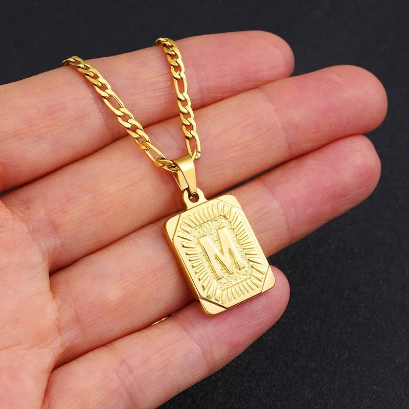 Stainless Steel Initial Pendant Necklace – Minimalist Square Letter Charm Jewelry for Women & Men