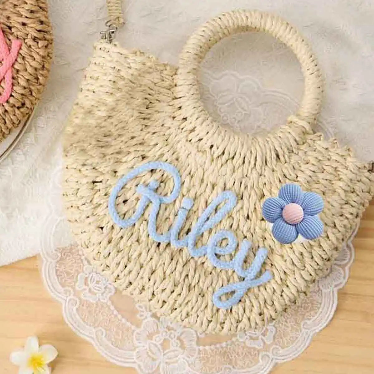 Personalized Hand-Woven Straw Tote Bag – Custom Embroidered Beach & Vacation Crossbody Bag