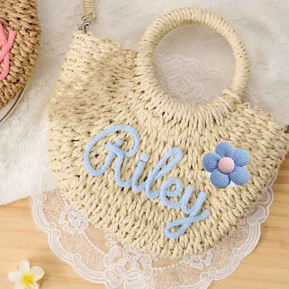 Personalized Hand-Woven Straw Tote Bag – Custom Embroidered Beach & Vacation Crossbody Bag