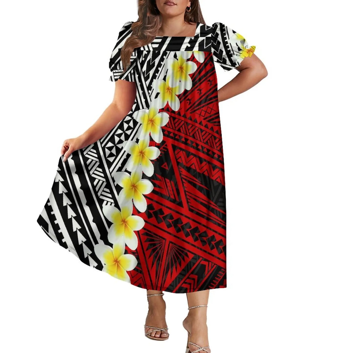 Women's Short-Sleeve Puff Sleeve Square Neck Midi Dress