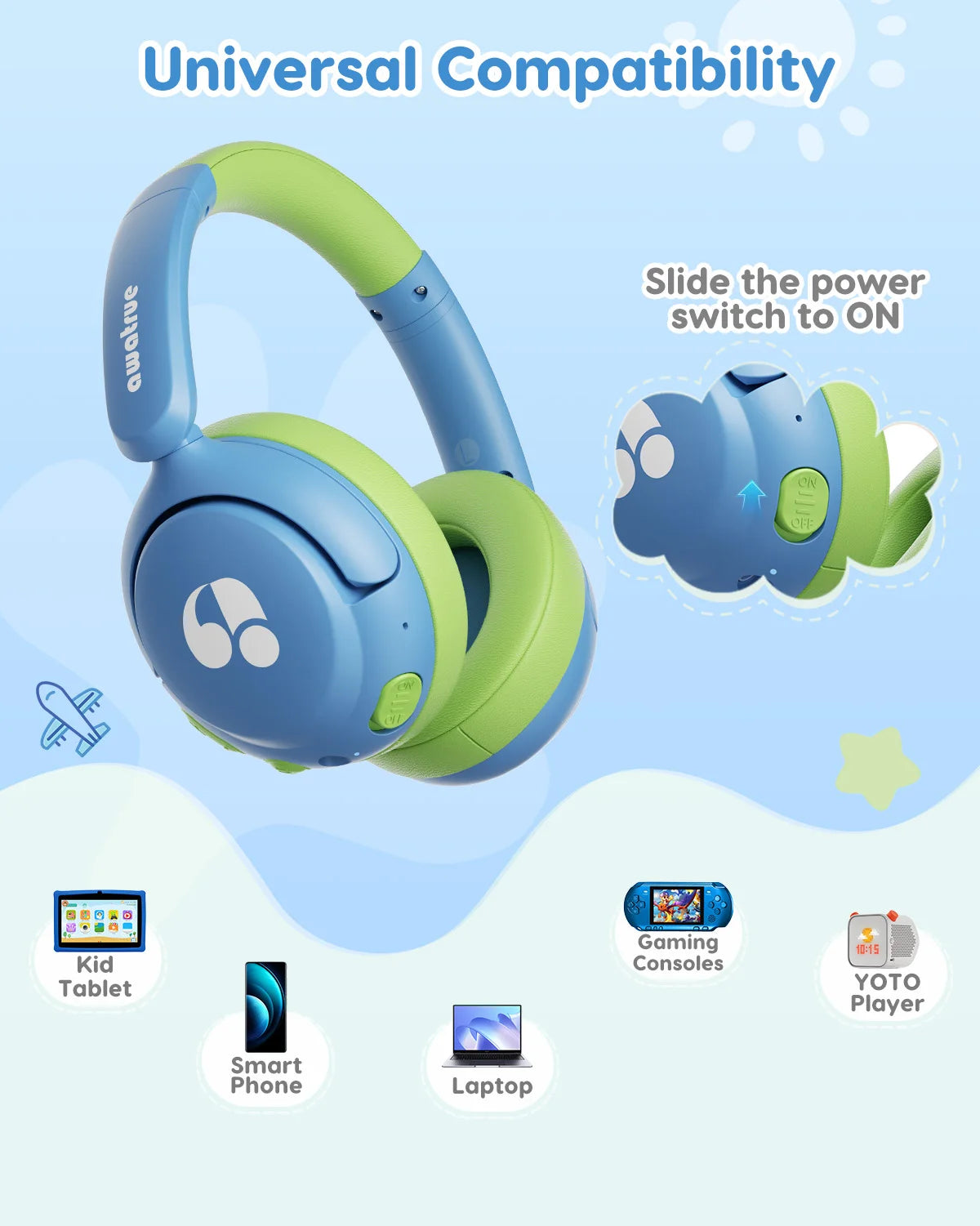 Kids Bluetooth 5.4 85dBA Safe Volume Lightweight Wireless Over-Ear Headsets