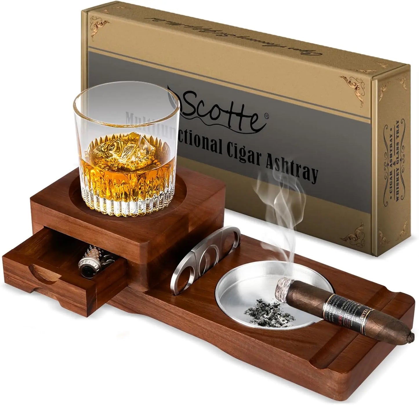 Whiskey Glass Tray & Wooden Ash Tray with Cigar Cutter Drawer and Cigar Slot