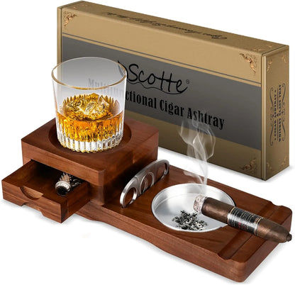 Whiskey Glass Tray & Wooden Ash Tray with Cigar Cutter Drawer and Cigar Slot