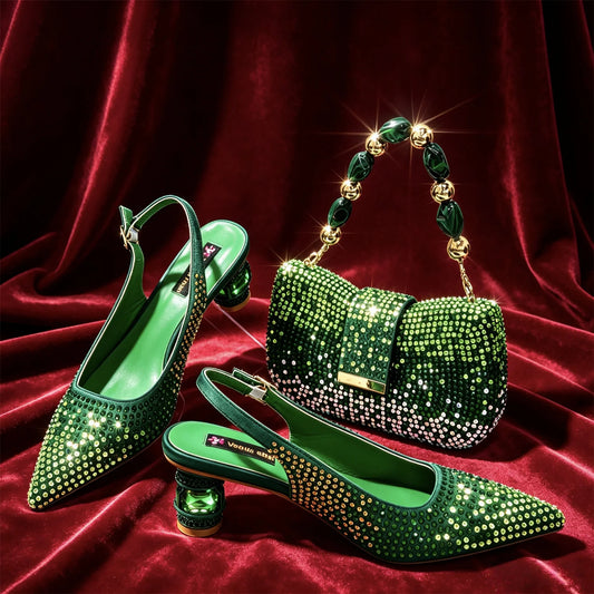Emerald Green Rhinestone High Heels & Matching Handbag Set