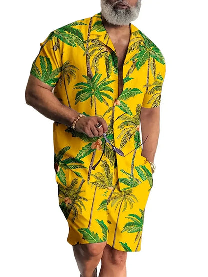 Hawaiian Print Short-Sleeved Shirt & Shorts Set