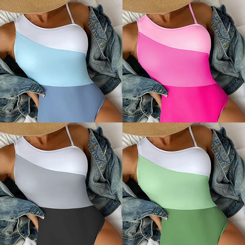 One-shoulder Color-blocking High-waisted One-piece Bikini