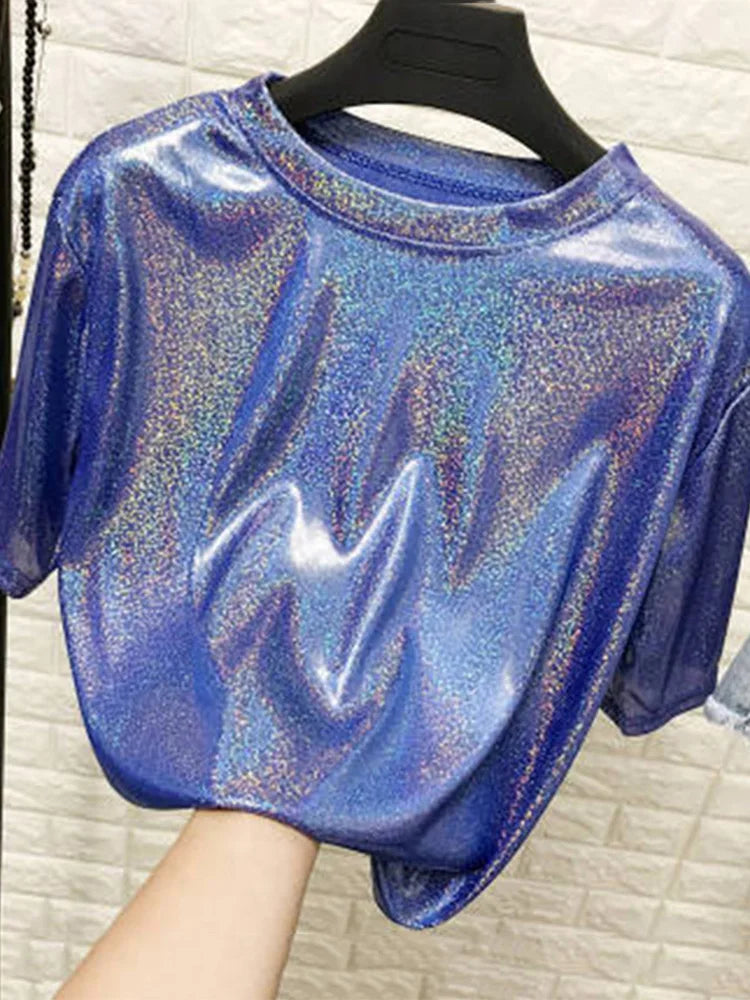 Shiny Loose Short-sleeve Blouse