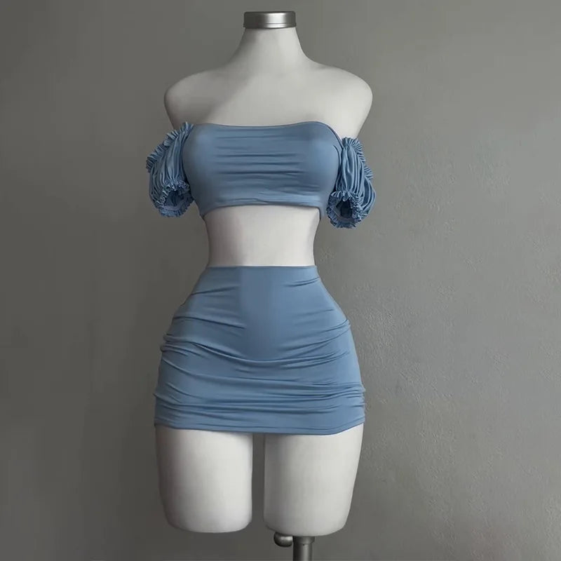 Puff Sleeve Strapless Crop Top and High Waist Skirt Set