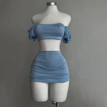 Puff Sleeve Strapless Crop Top and High Waist Skirt Set