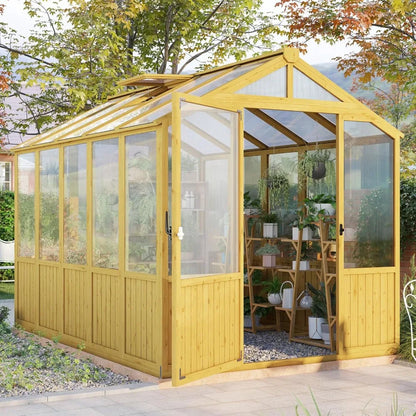 6x8x6.5ft Pre-assembled Cedar Wood Frame Greenhouse with Lockable Door Adjustable Roof Vents