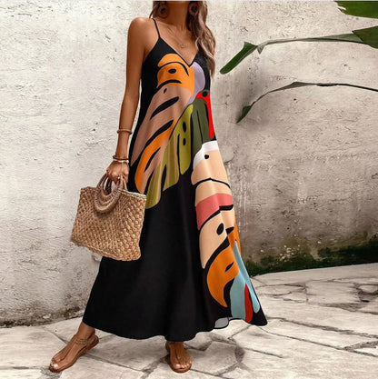Women's Summer Leaf Print Halter Maxi Dress