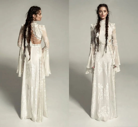 Women's Elegant High-Neck Lace Mermaid Wedding Dress