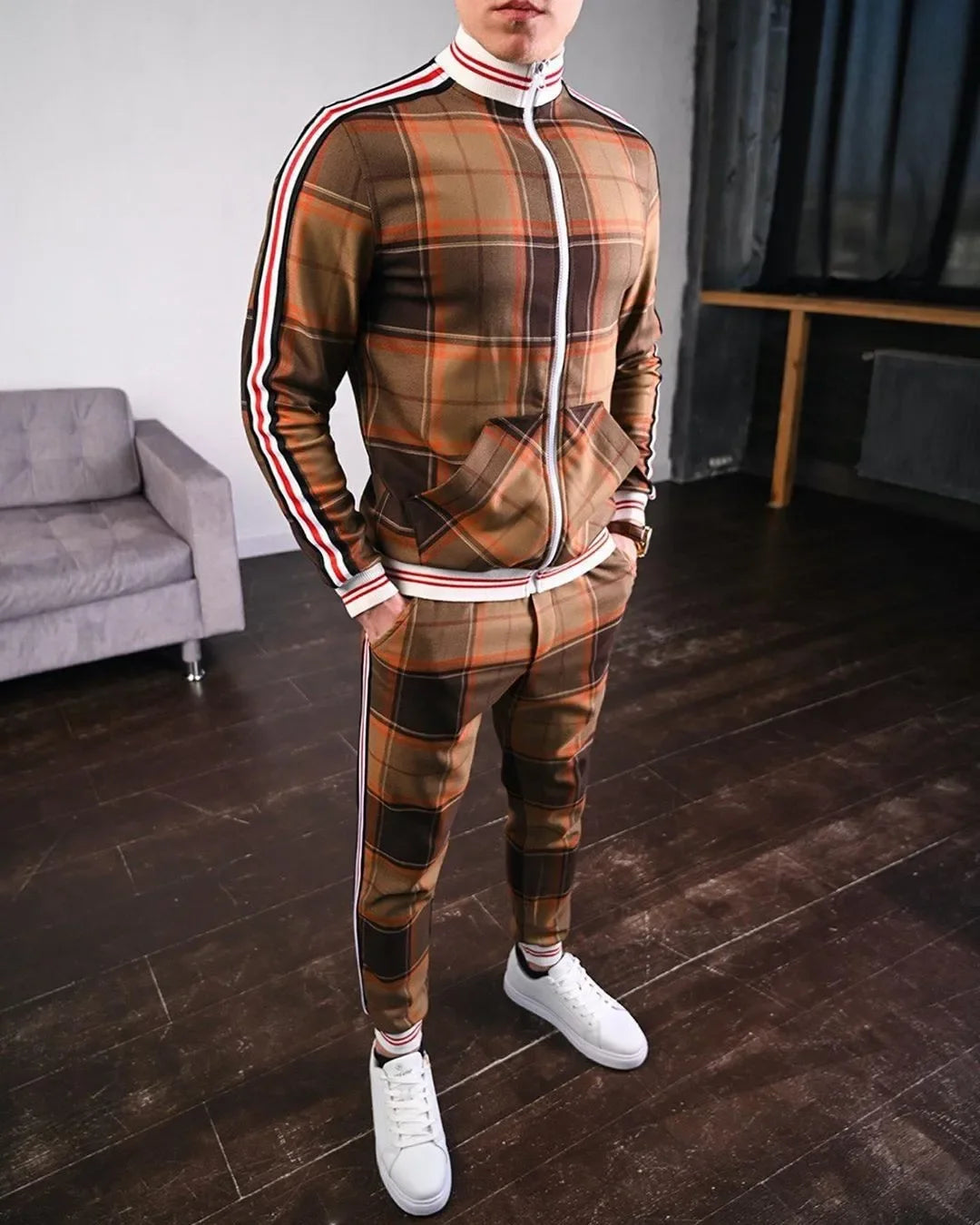 2-pce Checkered Sports Shirt & Jogging Clothes