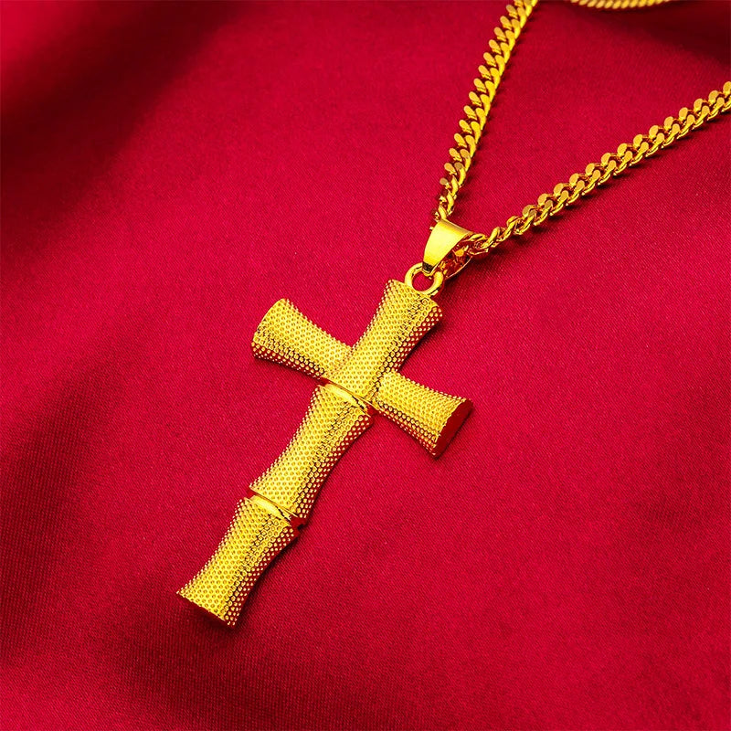 24K Gold AU999 Cross Pendant Necklace - Fine Religious Faith Jewelry