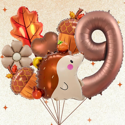 7Pcs Autumn Pinecone Hedgehog Balloon Set - 32 Inch Brown Number 1-9 Thanksgiving & Birthday Decor