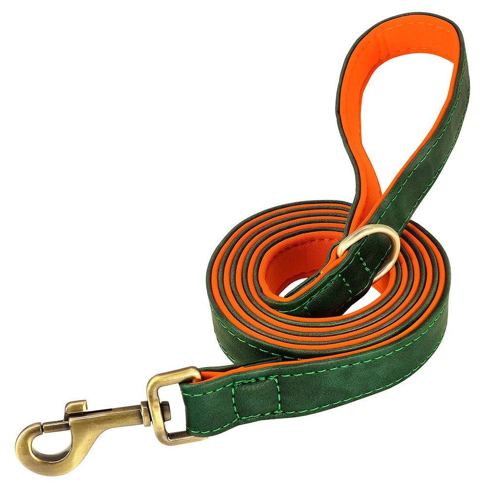 Leather Dog Collar Leash Set Soft Padded