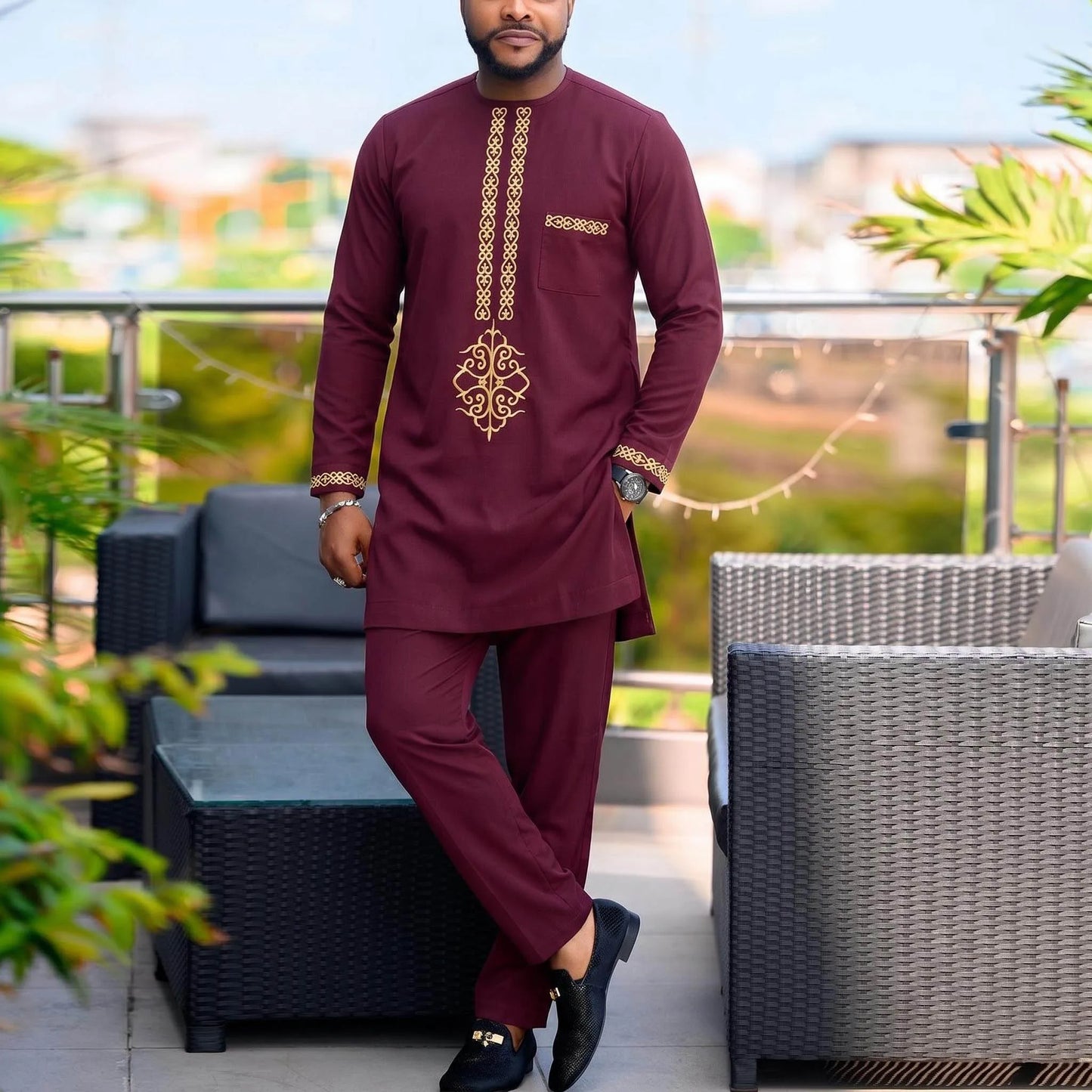Men's Elegant Dashiki Embroidered Shirt & Full Pant Suit Set