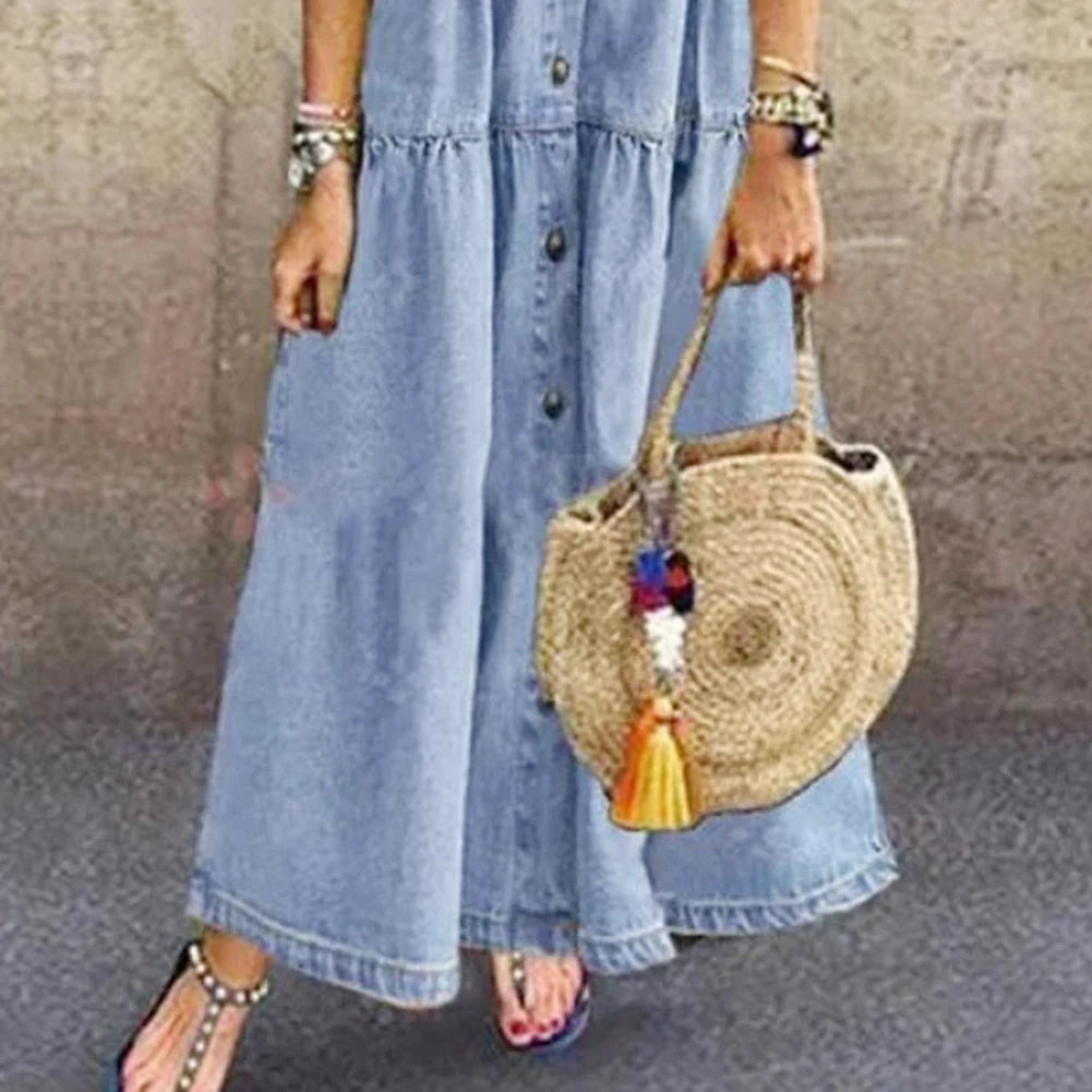 Women's Loose Denim Maxi Shirt Dress with Pockets & Lapel Collar