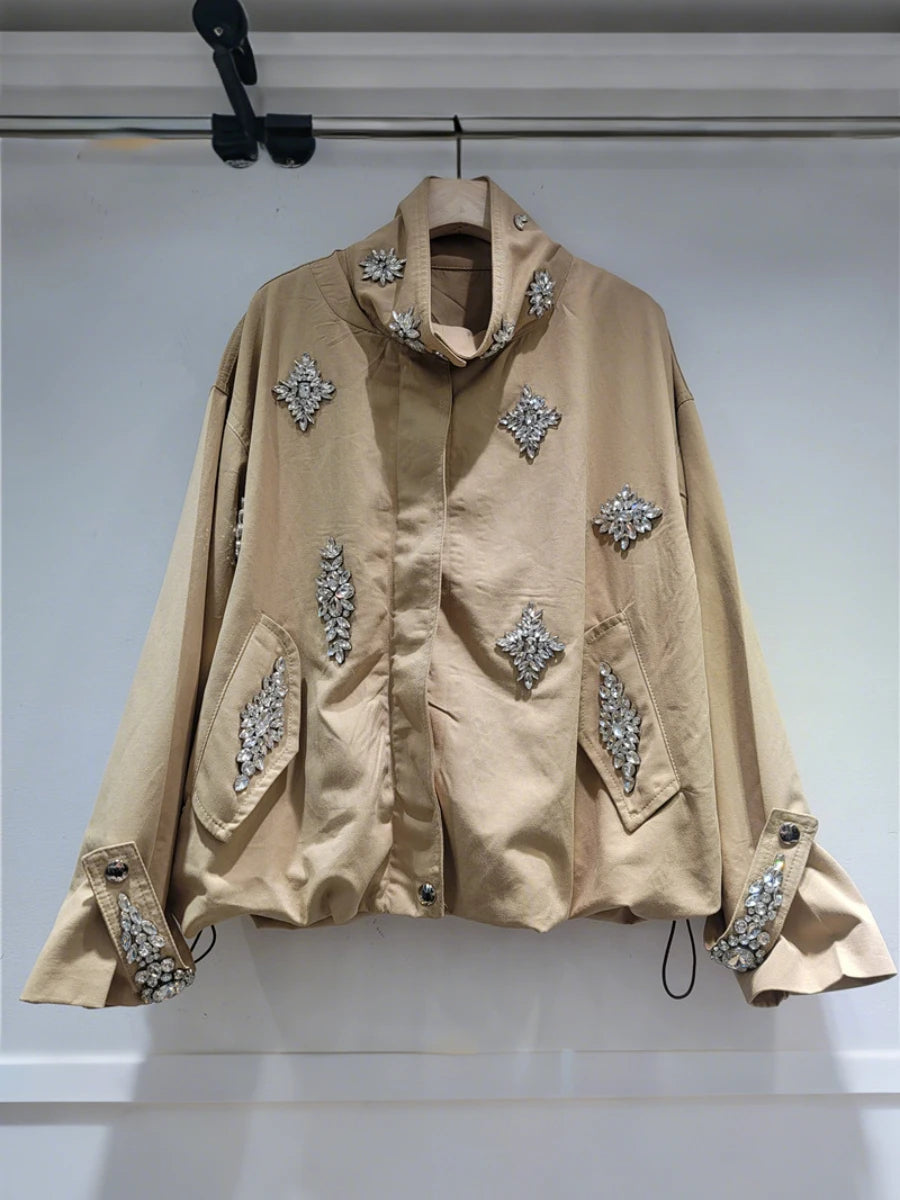 Khaki Diamond Streetwear Jacket for Women
