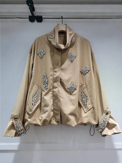 Khaki Diamond Streetwear Jacket for Women