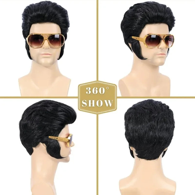 4pcs 50s Rocker Costume Set with Wig, Sunglasses & Lightning Necklace