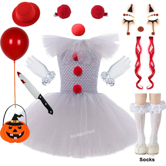 Girls' Pennywise Halloween Costume Dress Set - Creepy Clown Tutu Outfit for Kids