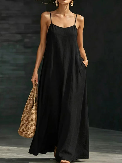 Women’s Casual V-Neck Spaghetti Strap Maxi Dress – Loose Swing Summer Beach Sundress
