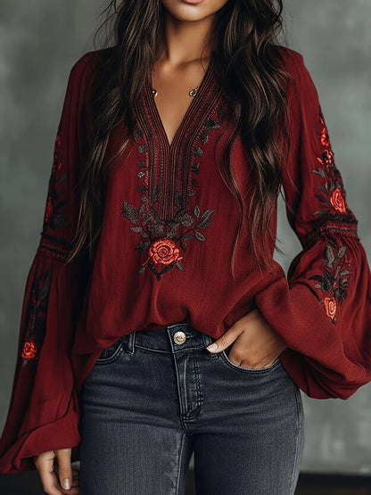 Women’s Plus Size Boho Floral Embroidery Blouse – Lantern Sleeve Loose Pullover Top