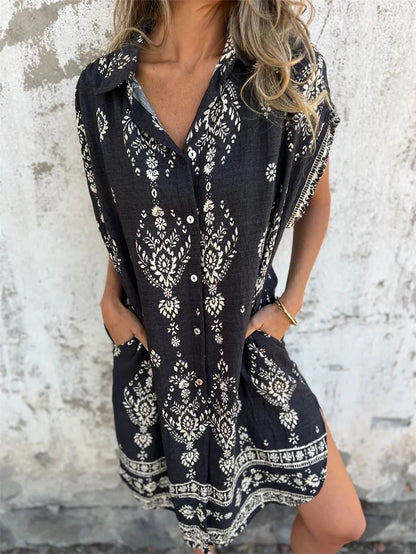Women's Vintage Cotton Linen Single-Breasted Shirt Dress