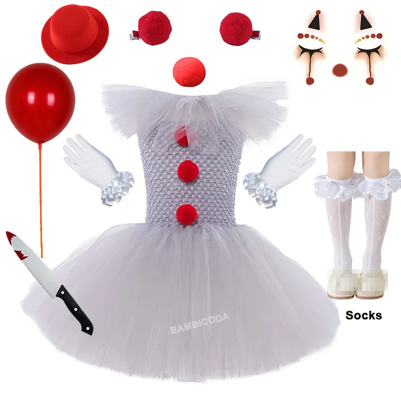 Girls' Pennywise Halloween Costume Dress Set - Creepy Clown Tutu Outfit for Kids