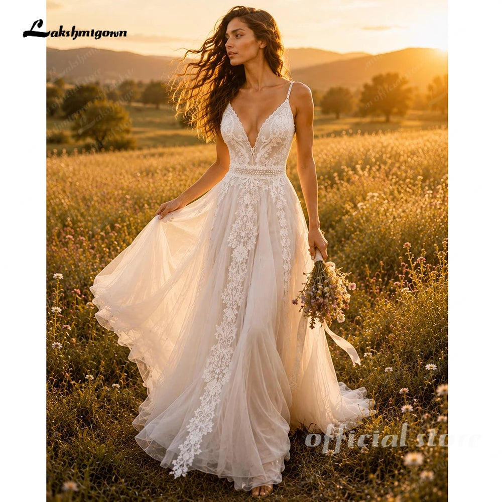 Lakshmigown Boho Lace & Tulle A-Line Wedding Dress with V-Neck & Low Back