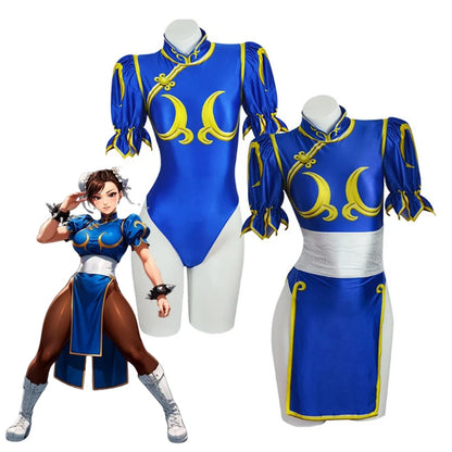 Women's Street Fighter Chun Li Cosplay Costume - Blue Cheongsam Dress with Headdress & Waistband Set