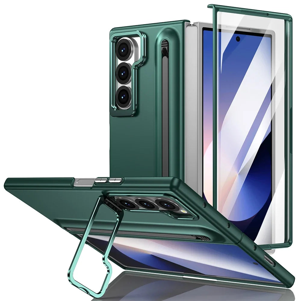 Samsung Galaxy Z Fold Metal Lens Stand Case with S Pen Holder & Tempered Glass Screen Protector